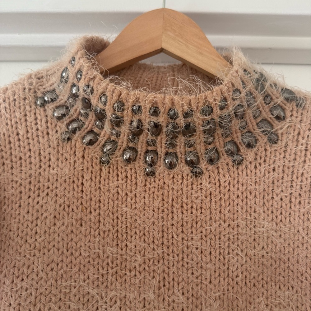 ONLY OUR STORY Denmark Brand Mohair Beaded High Neck Knit Sweater Taupe Size M - Picture 3 of 6